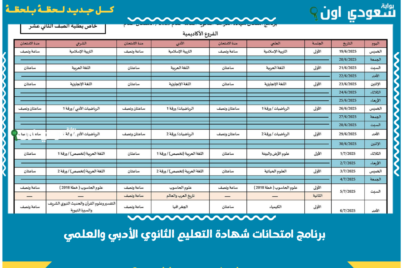 برنامج امتحانات شهادة التعليم الثانوي الأدبي والعلمي والشرعي في سوريا دورة عام 2025 في المناطق المحررة حديثًا كل المحافظات